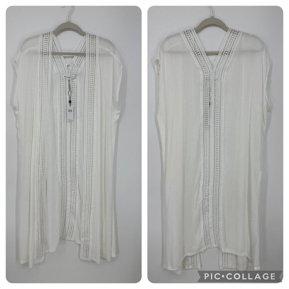 BCBGeneration Boho Kimono Swim Beach Cover Up Crochet Lace Crinkle Gauze White - Picture 1 of 8